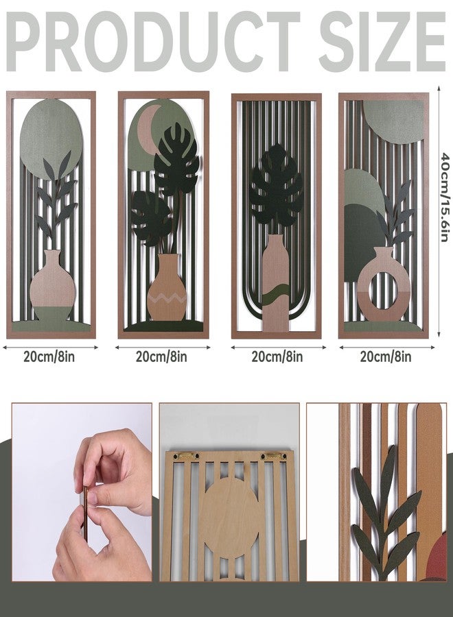 suruim Boho Wall Art Set of 4, Abstract Geometric Wooden Wall Decor, Mid-Century Modern Aesthetic Artwork with Arch, Vase & Botanical Design for Modern Home Decor for Bedroom, Office & Living Room(D) - Image 3